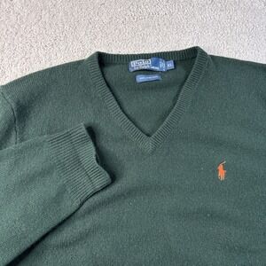 POLO RALPH LAUREN Size XL Mens 100% Italian Lambswool V-Neck Sweater Green READ